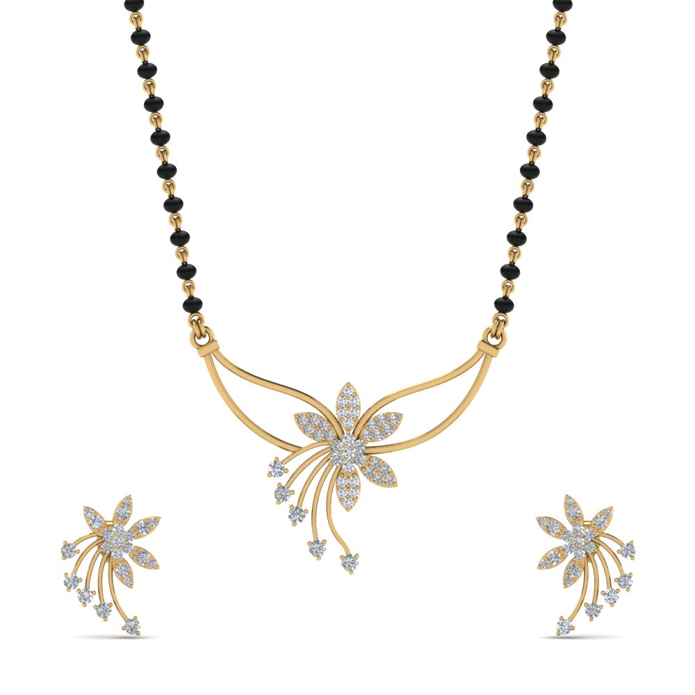 Flower-Design-Diamond-Mangalsutra-And-Earring-Set