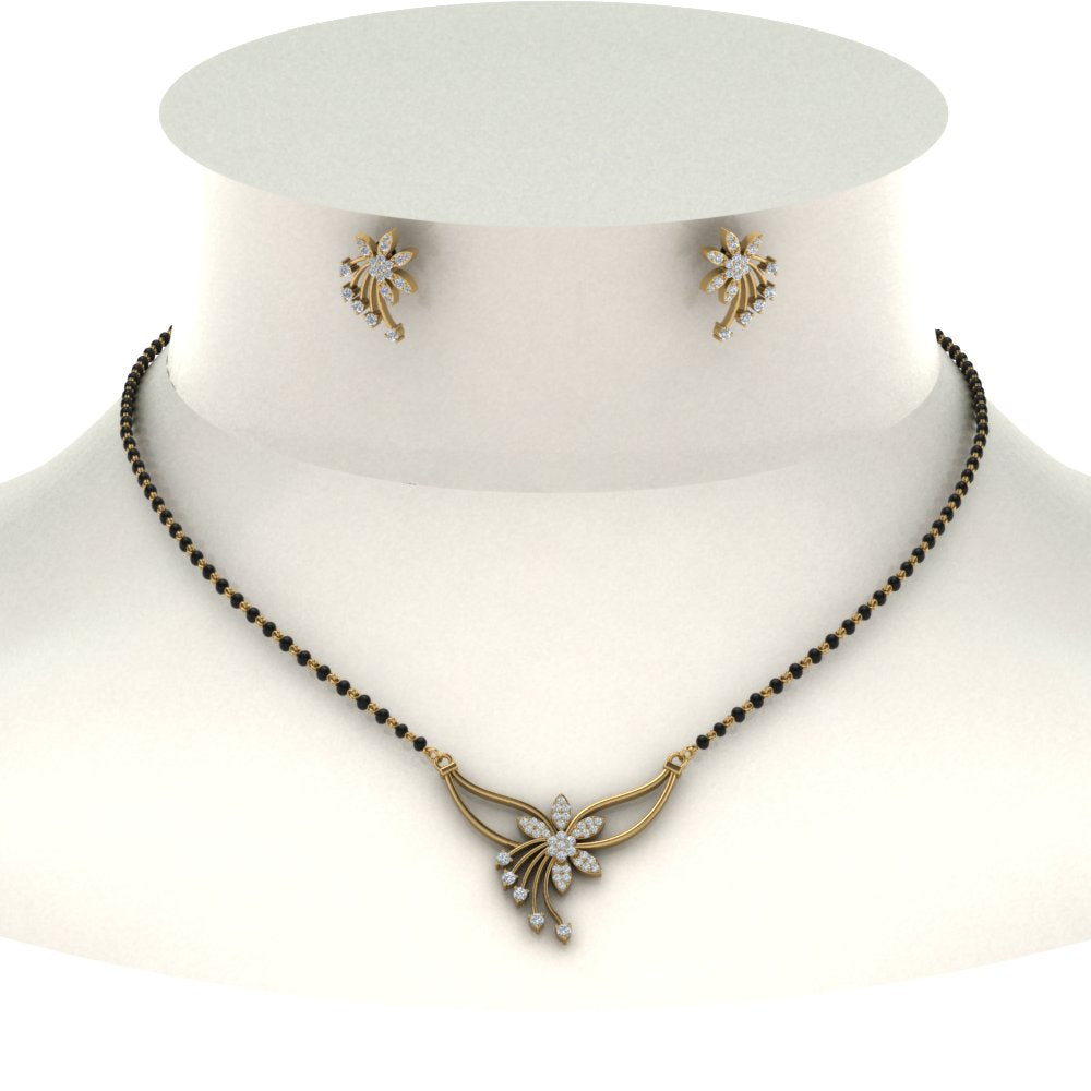 Flower-Design-Diamond-Mangalsutra-And-Earring-Set