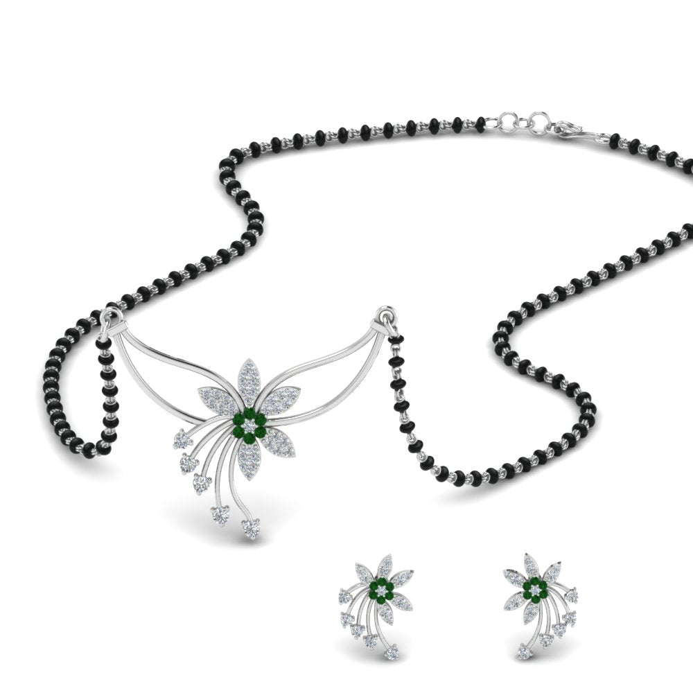 Flower-Design-Diamond-Mangalsutra-And-Earring-Set-With-Emerald
