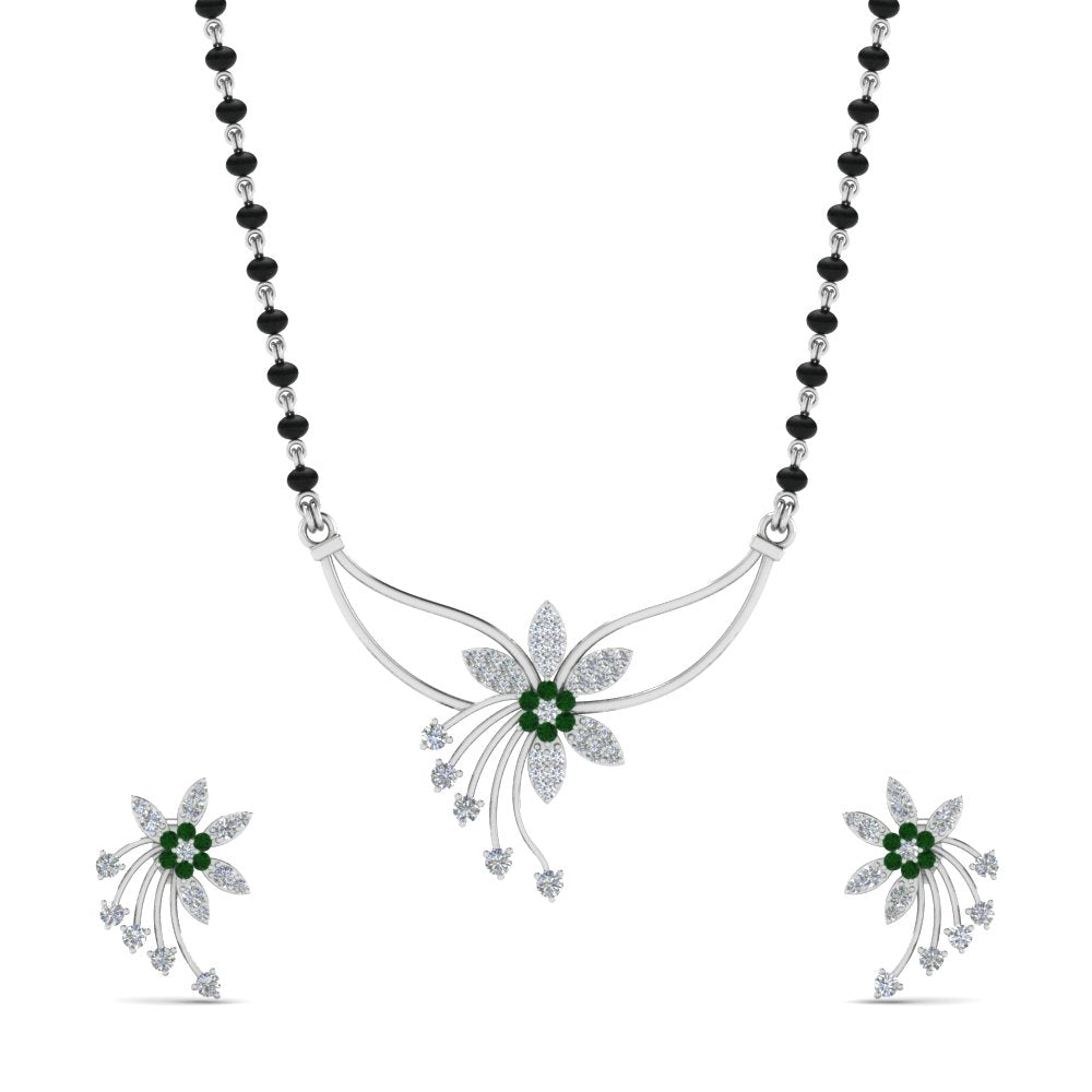 Flower-Design-Diamond-Mangalsutra-And-Earring-Set-With-Emerald