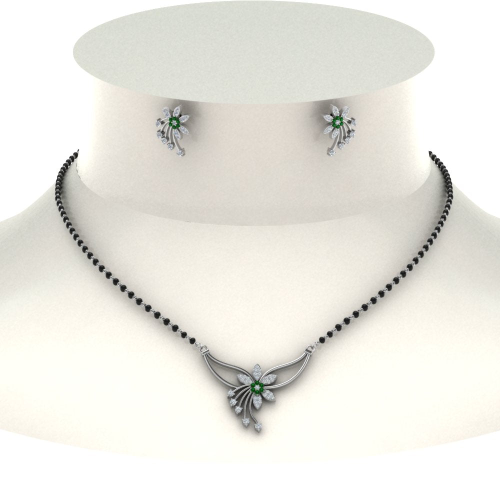 Flower-Design-Diamond-Mangalsutra-And-Earring-Set-With-Emerald