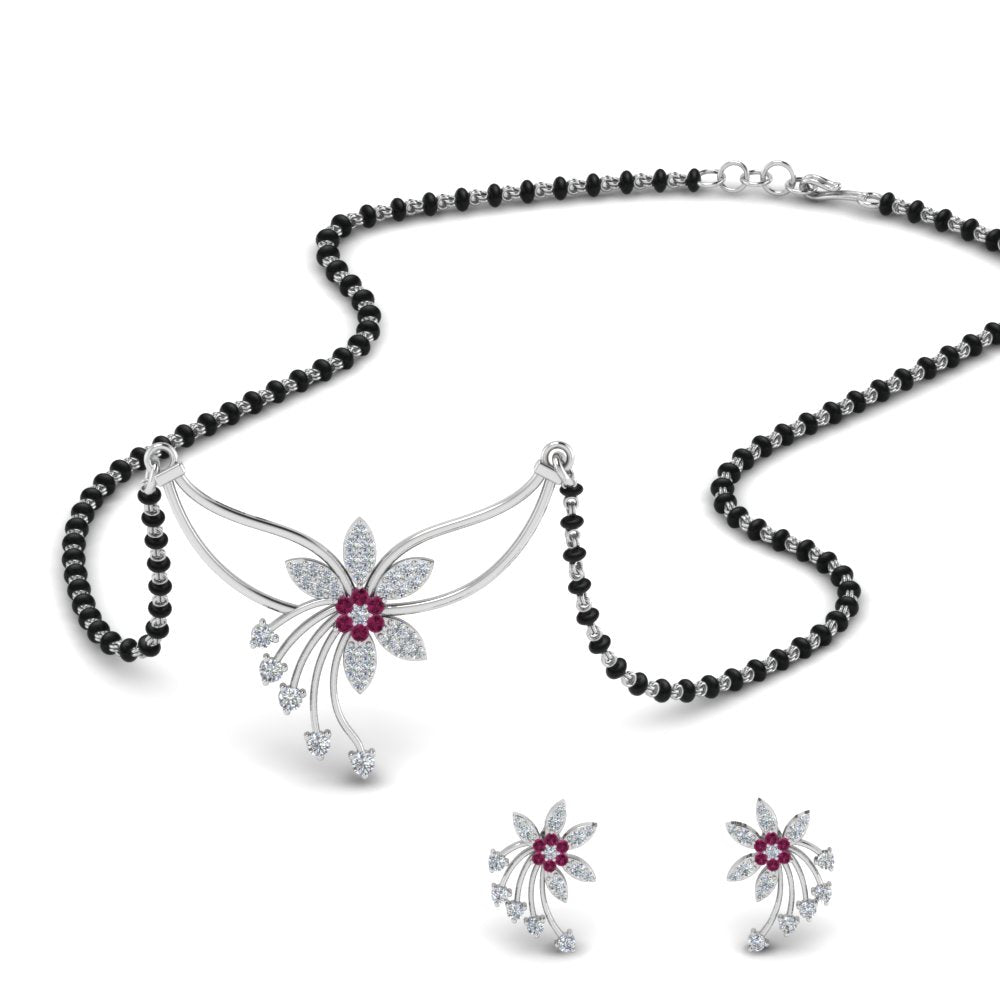 Flower-Design-Diamond-Mangalsutra-And-Earring-Set-With-Pink-Sapphire