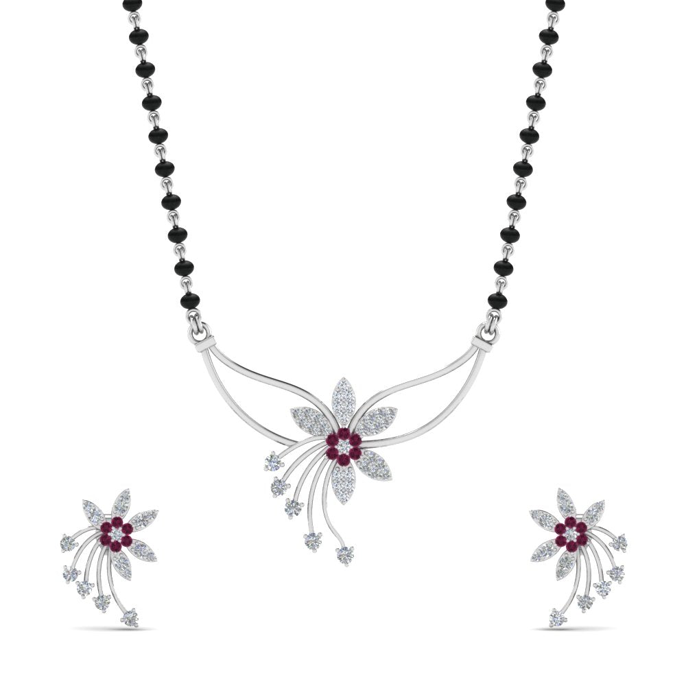 Flower-Design-Diamond-Mangalsutra-And-Earring-Set-With-Pink-Sapphire