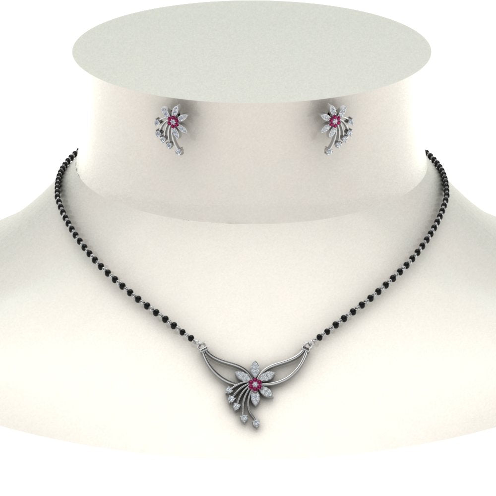 Flower-Design-Diamond-Mangalsutra-And-Earring-Set-With-Pink-Sapphire