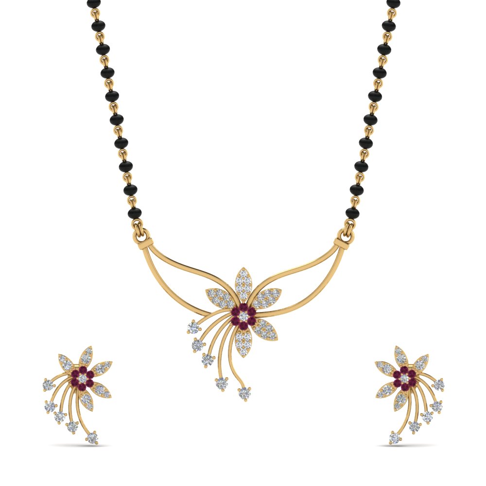 Flower-Design-Diamond-Mangalsutra-And-Earring-Set-With-Pink-Sapphire