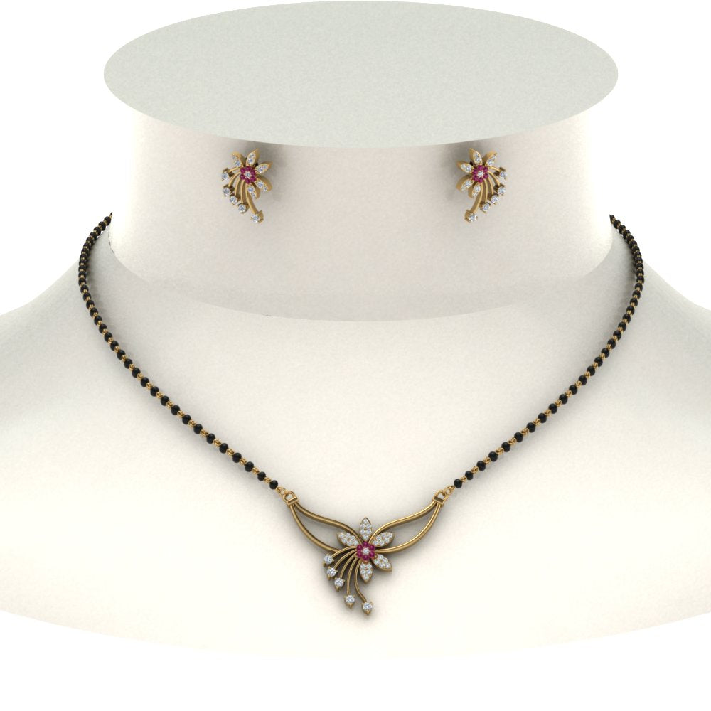 Flower-Design-Diamond-Mangalsutra-And-Earring-Set-With-Pink-Sapphire