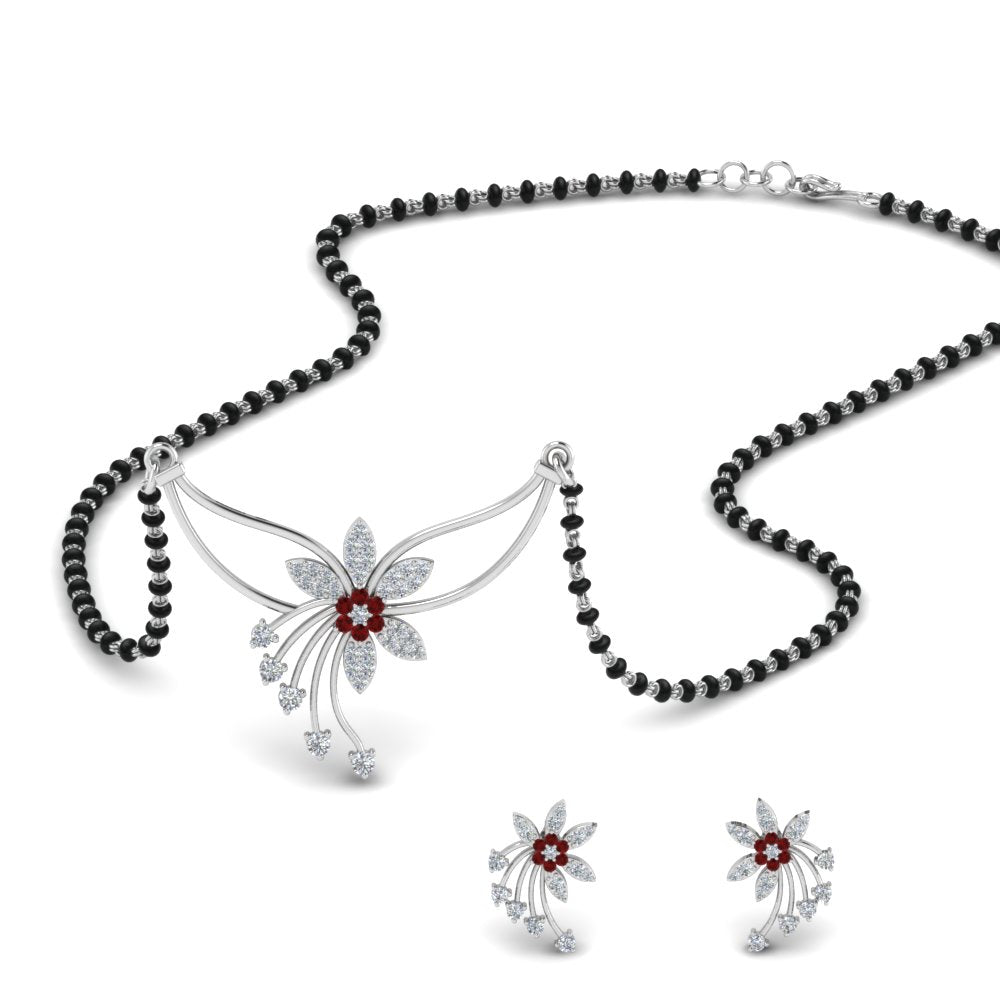 Flower-Design-Diamond-Mangalsutra-And-Earring-Set-With-Ruby