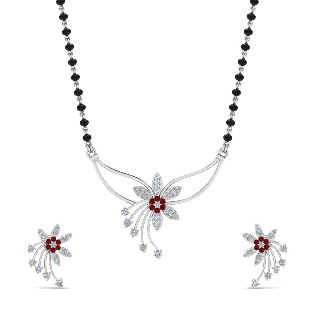 Flower-Design-Diamond-Mangalsutra-And-Earring-Set-With-Ruby