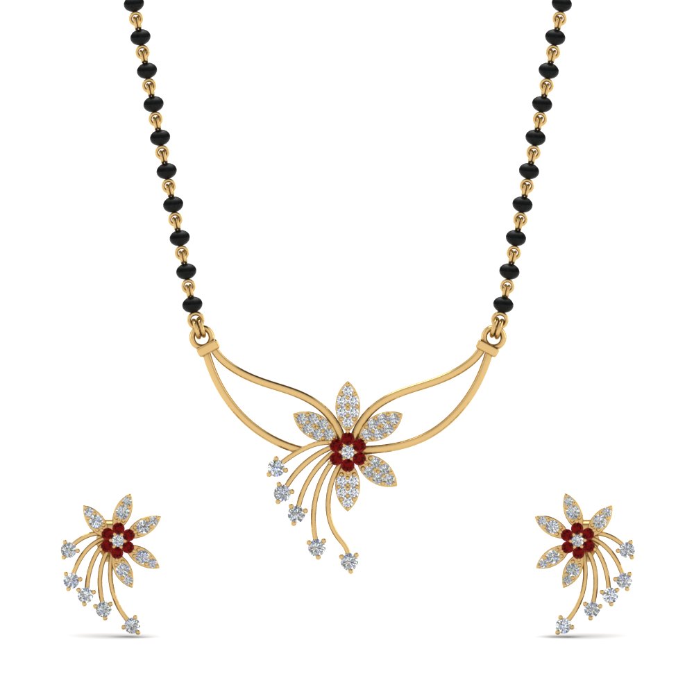 Flower-Design-Diamond-Mangalsutra-And-Earring-Set-With-Ruby