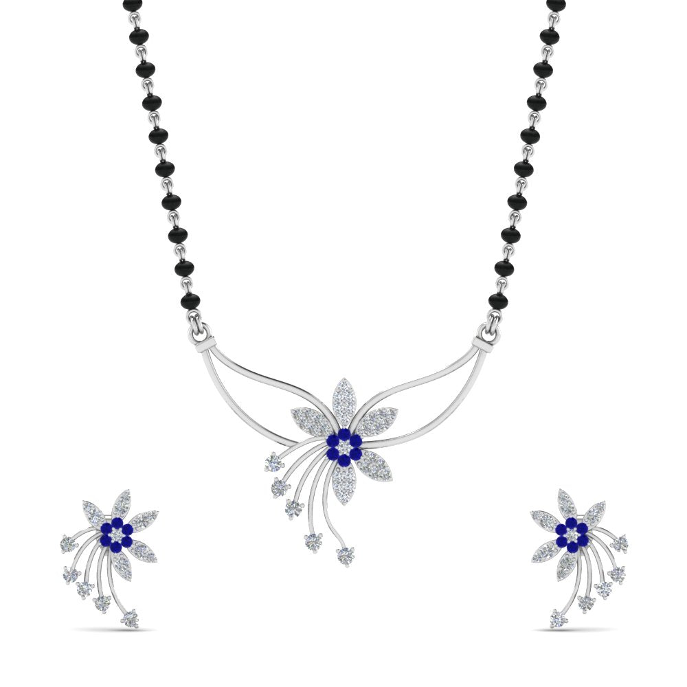 Flower-Design-Diamond-Mangalsutra-And-Earring-Set-With-Sapphire
