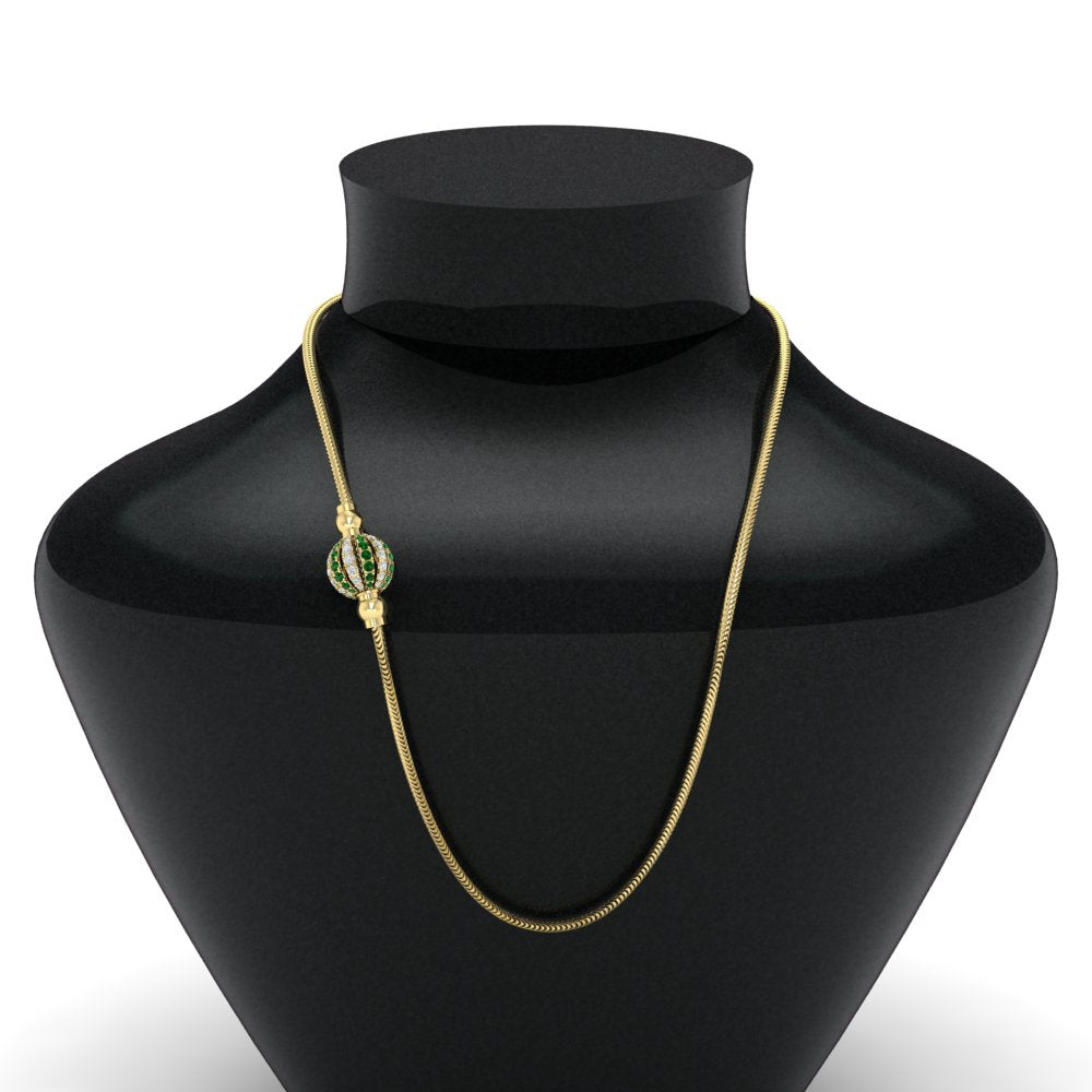 Ball Design Emerald Thali Chain Mugappu With Diamond