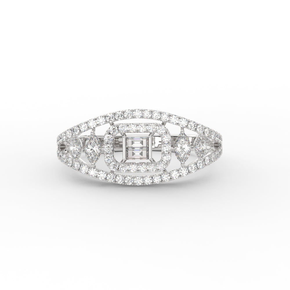 Emerald Cut Halo Cluster Wide Band Ring