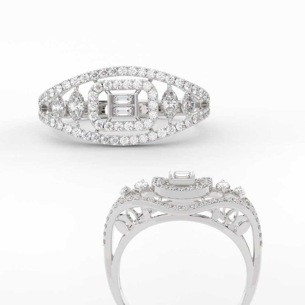Emerald Cut Halo Cluster Wide Band Ring
