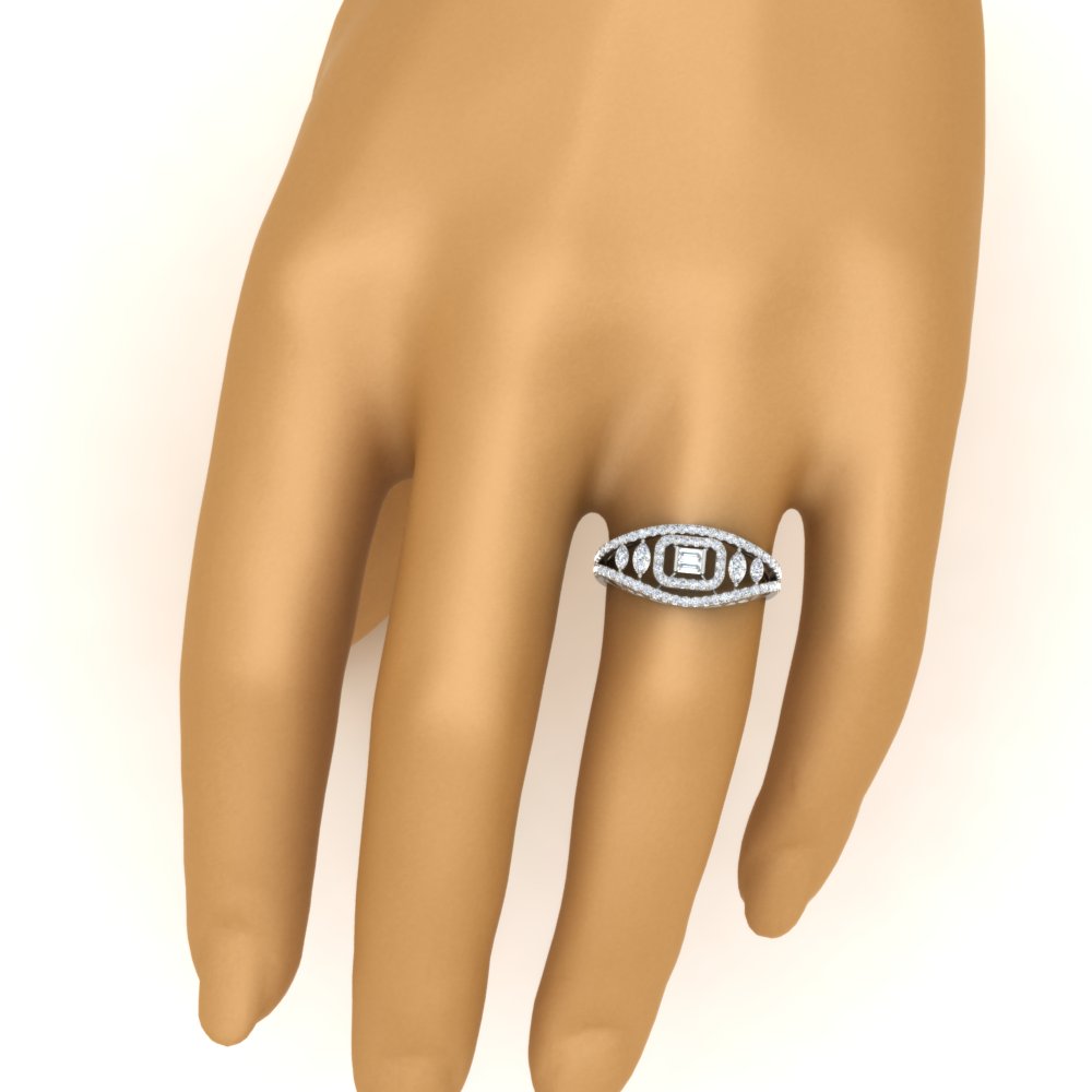 Emerald Cut Halo Cluster Wide Band Ring