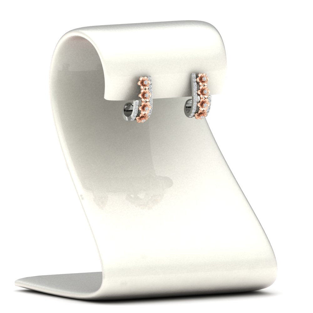 Beautiful Flower Two Tone Diamond J Hoops Earrings
