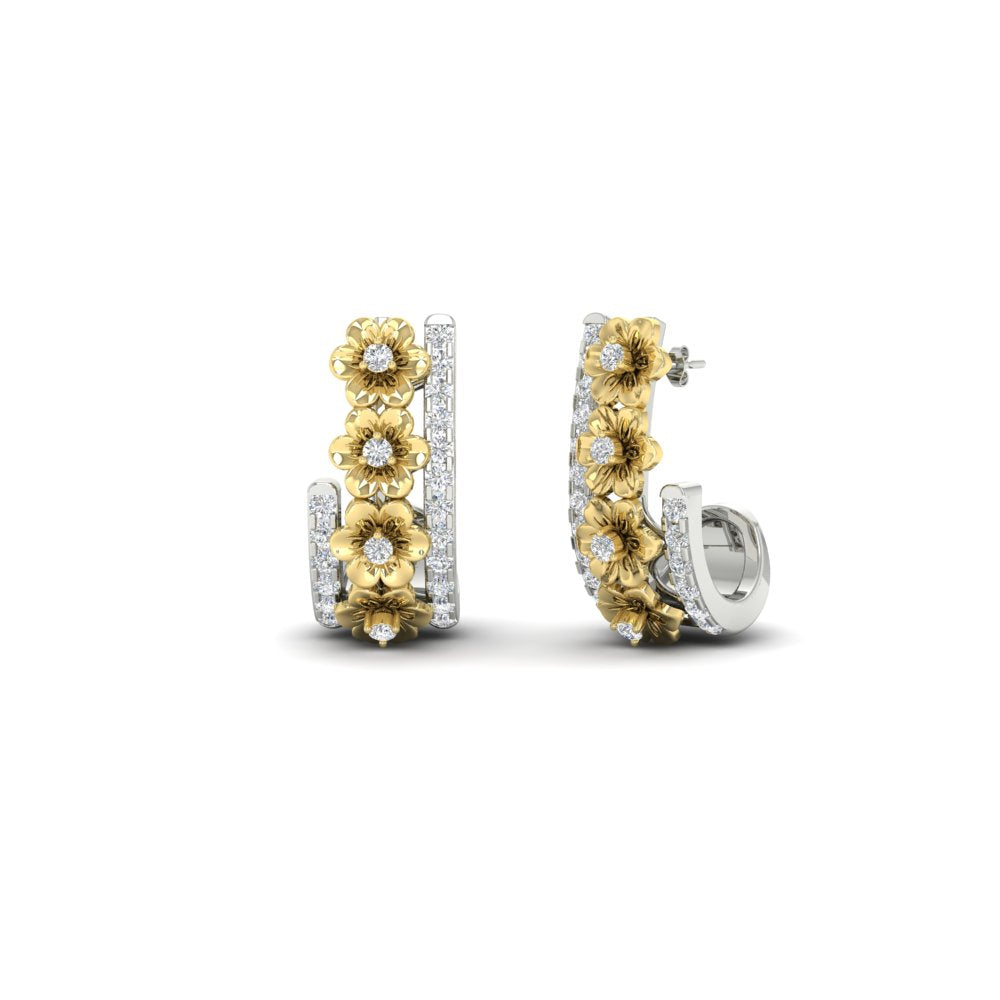Beautiful Flower Two Tone Diamond J Hoops Earrings