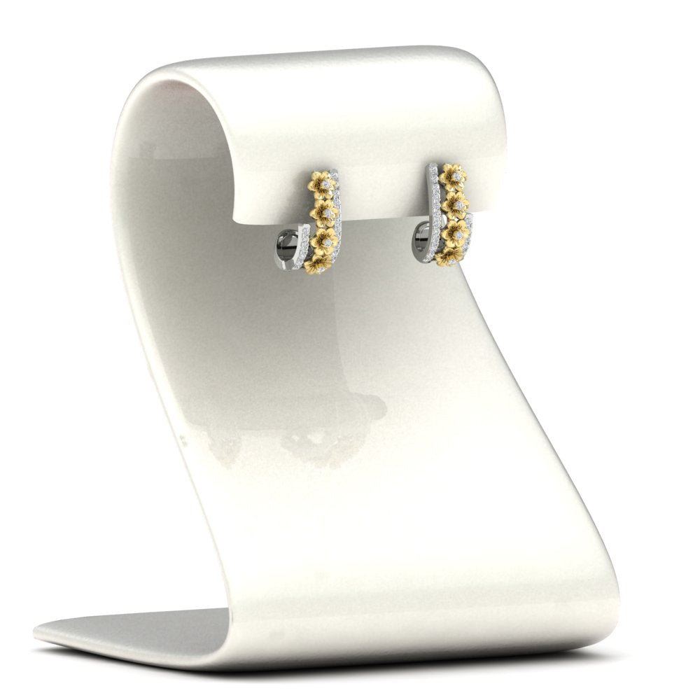 Beautiful Flower Two Tone Diamond J Hoops Earrings