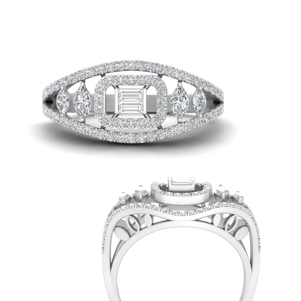 Emerald Cut Halo Cluster Wide Band Ring