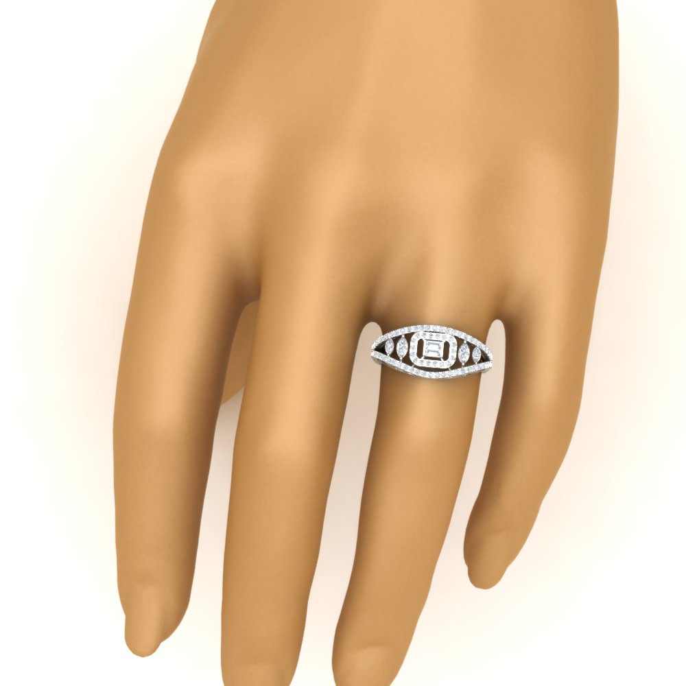 Emerald Cut Halo Cluster Wide Band Ring