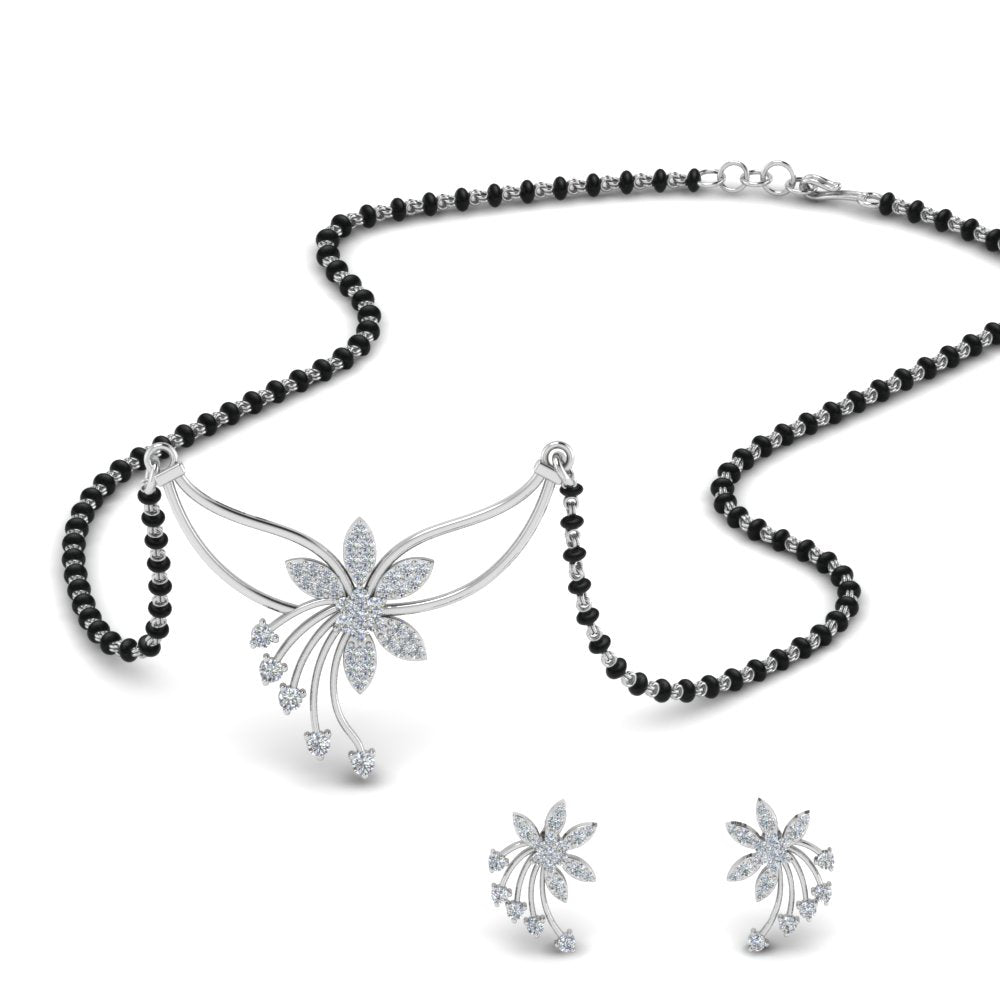 Flower-Design-Diamond-Mangalsutra-And-Earring-Set