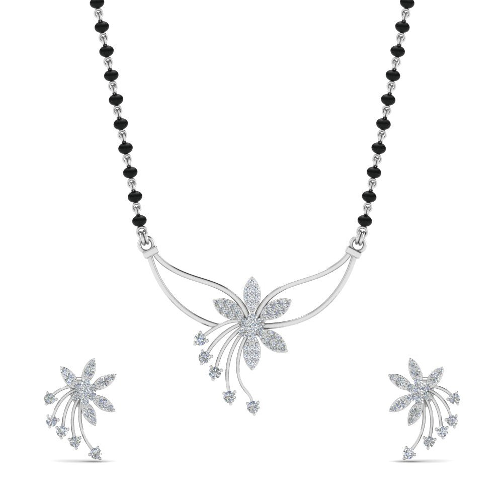 Flower-Design-Diamond-Mangalsutra-And-Earring-Set