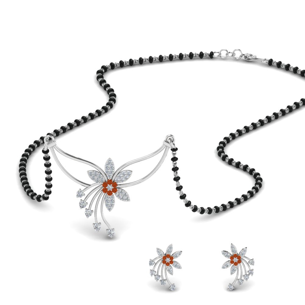 Flower-Design-Diamond-Mangalsutra-And-Earring-Set-With-Orange-Sapphire