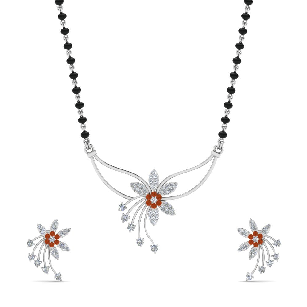 Flower-Design-Diamond-Mangalsutra-And-Earring-Set-With-Orange-Sapphire