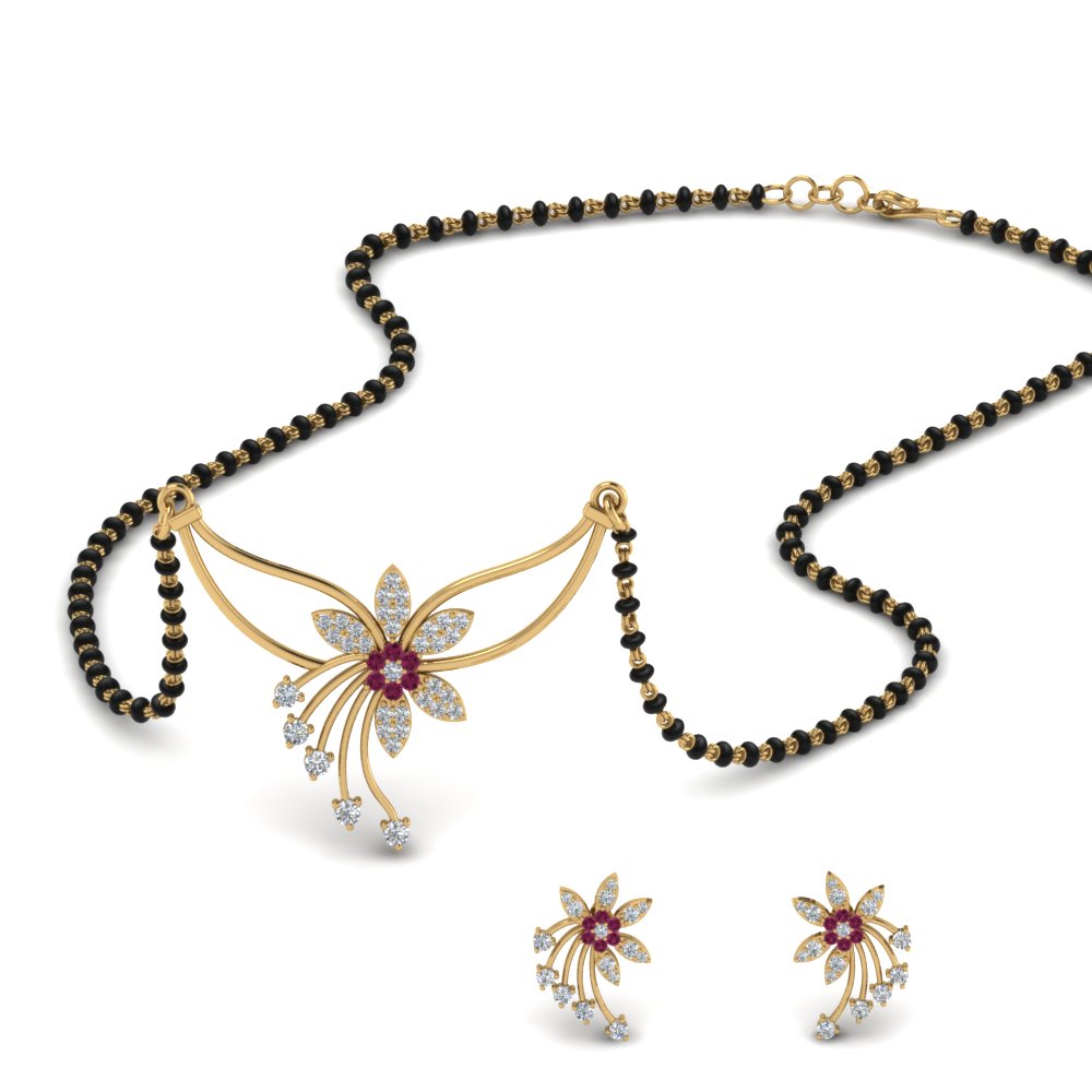 Flower-Design-Diamond-Mangalsutra-And-Earring-Set-With-Pink-Sapphire