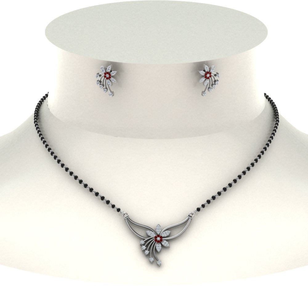 Flower-Design-Diamond-Mangalsutra-And-Earring-Set-With-Ruby