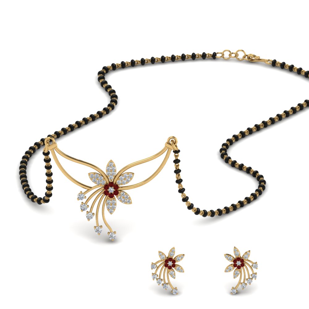 Flower-Design-Diamond-Mangalsutra-And-Earring-Set-With-Ruby