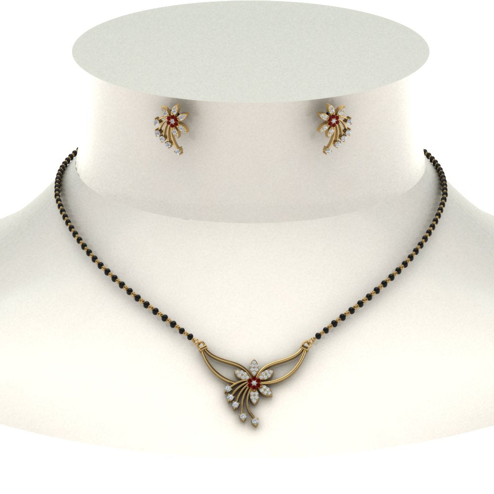 Flower-Design-Diamond-Mangalsutra-And-Earring-Set-With-Ruby