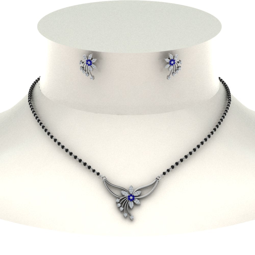 Flower-Design-Diamond-Mangalsutra-And-Earring-Set-With-Sapphire
